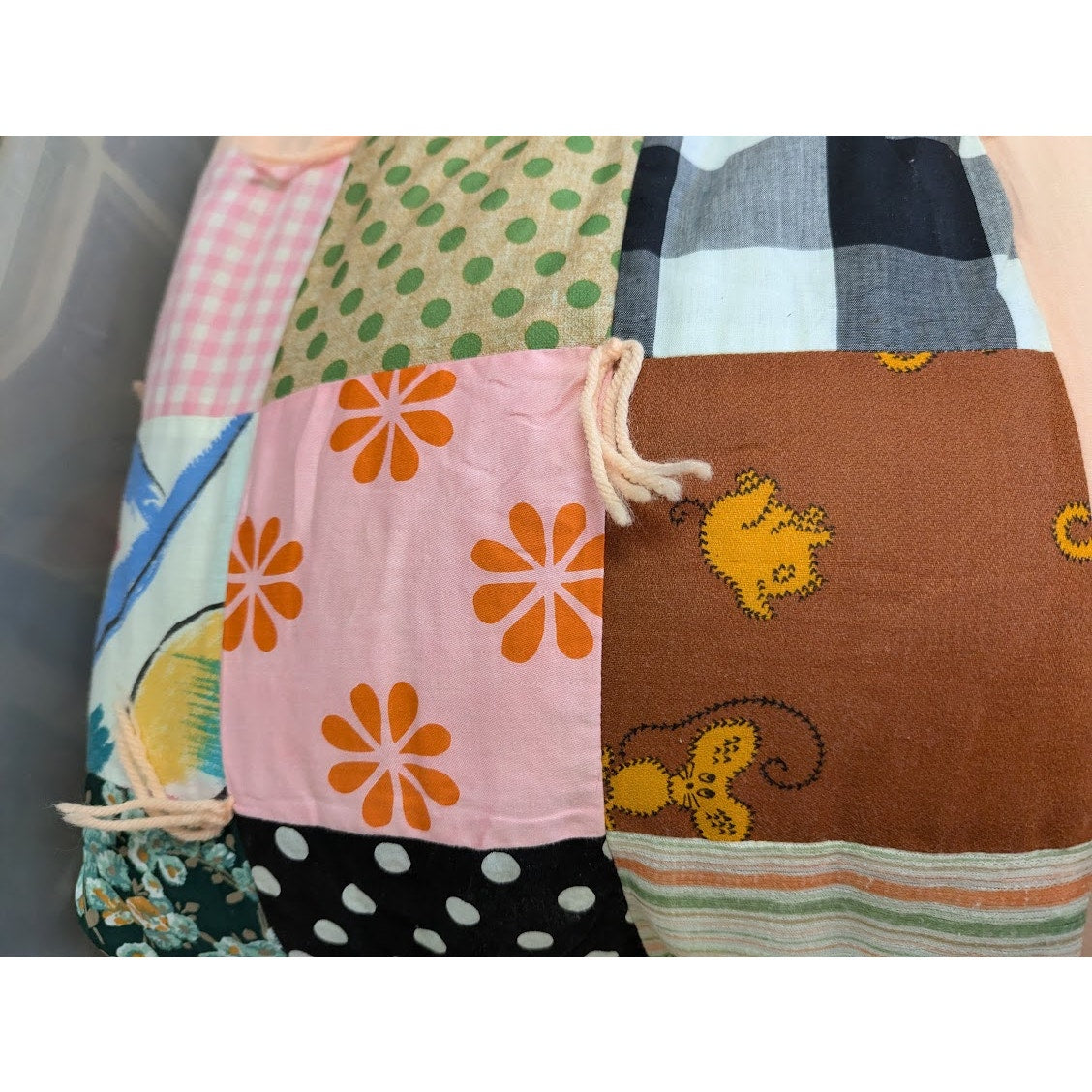 Handmade Patchwork Quilt Peach Yarn tassel 96" x 103"  Cabin Vintage KING/QUEEN
