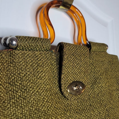 Vintage Woven Avocado Green Tortoise Lucite Handle Twist Lock Purse Bag Tote