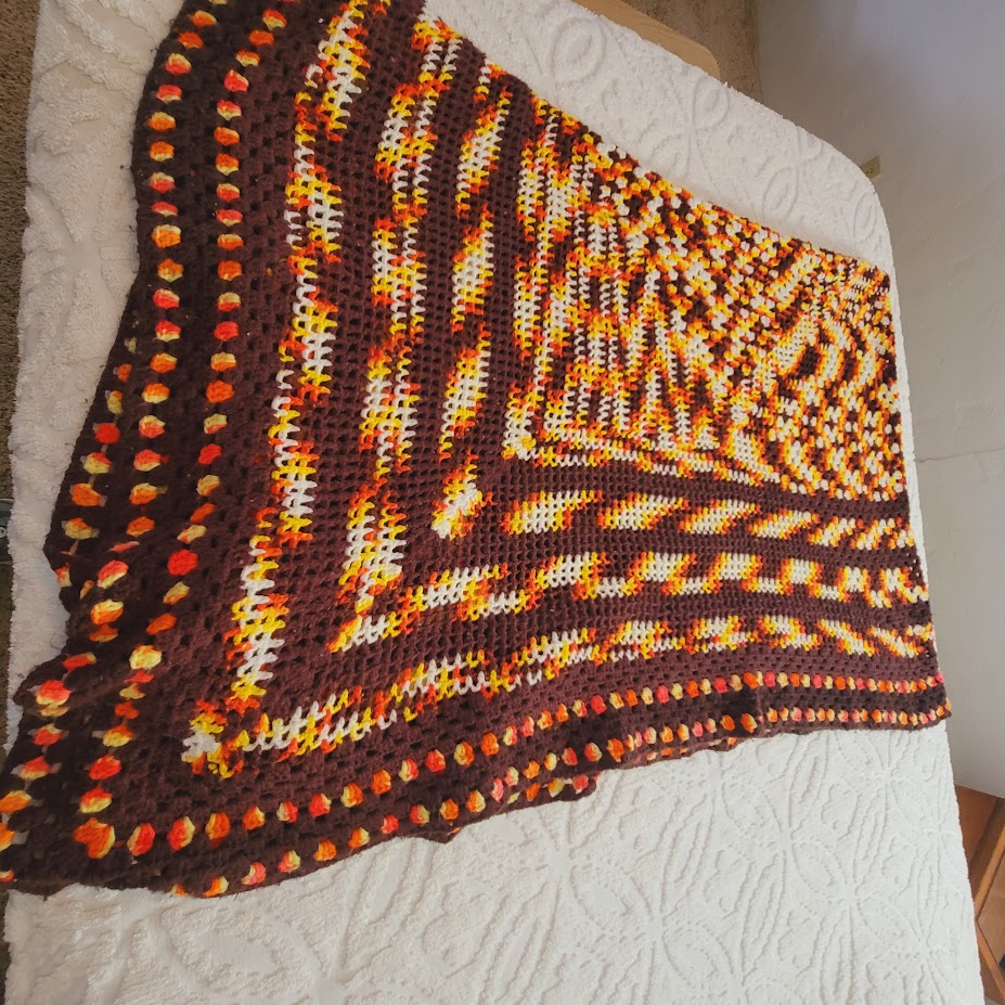 Handmade crocheted 70s coverlet yellow brown white orange Queen / Full blanket