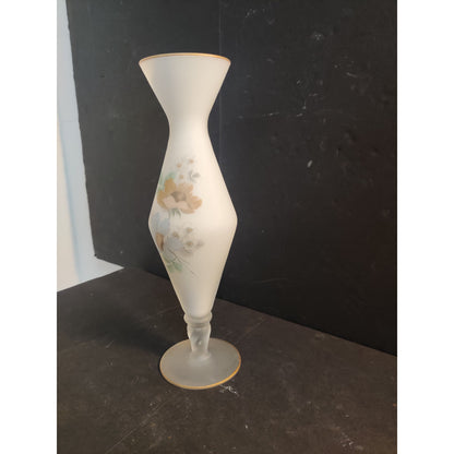 Vintage Frosted Satin Glass Hand Painted Floral Bud Vase Gold Trim