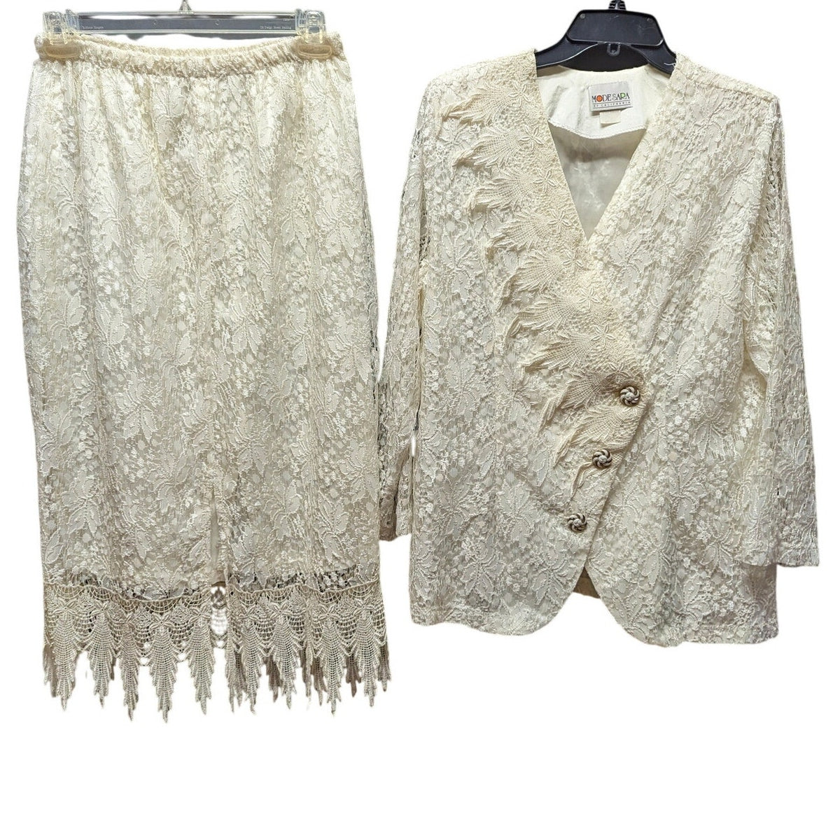 Vintage Mode Sara California Lace Skirt Suit Set Cream White Fringe Rayon Medium