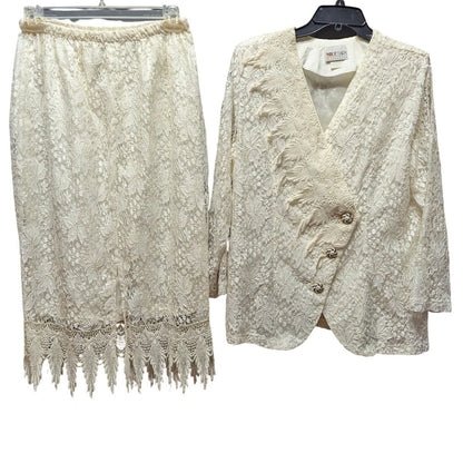 Vintage Mode Sara California Lace Skirt Suit Set Cream White Fringe Rayon Medium