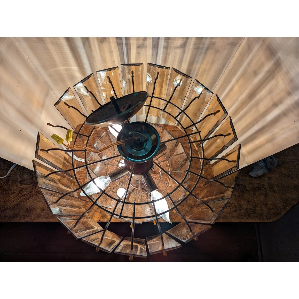 Vintage 2 Tier 70s Dangling Smoke Glass Prisms chandelier 15" x 19" 8 Bulb Light