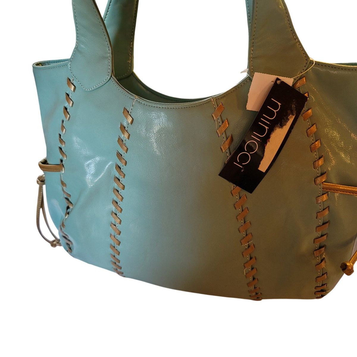 Minicci Women's Leather Tote Hands Bag Double Handle Magnetic Snap Teal NWT