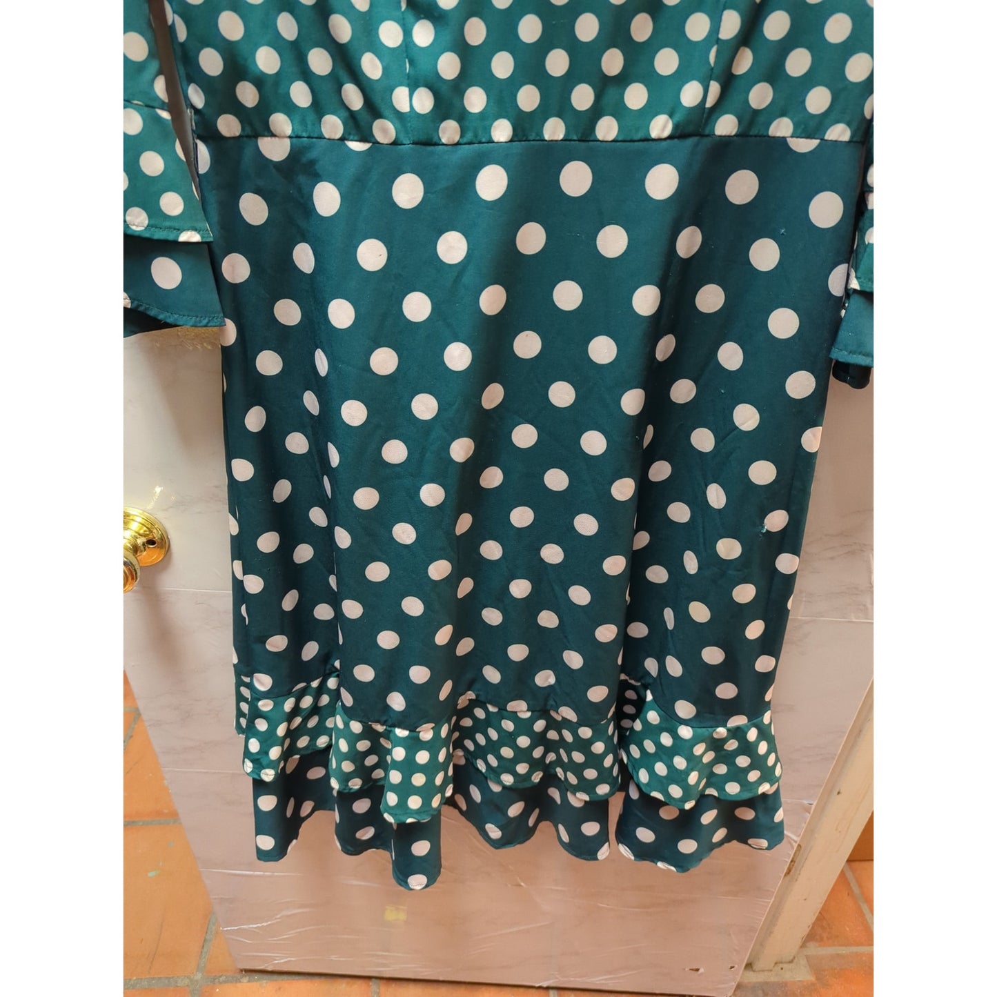 Vintage Kelly Green Polka Dot Pussy Bow Ruffle Hem Dress 16 Retro Pinup
