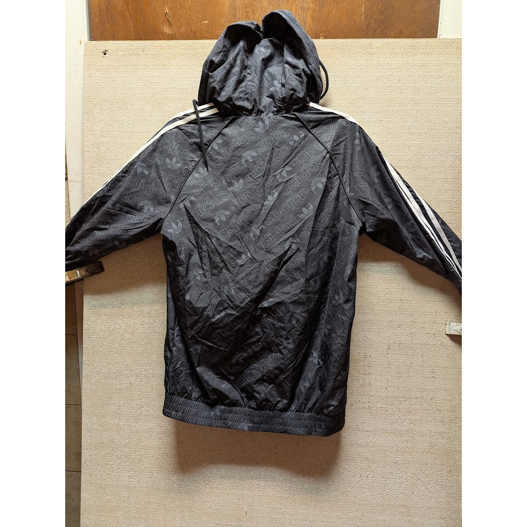 Adidas Black Monogram Small Hood Windbreaker full zip jacket Hood Elastic Waist