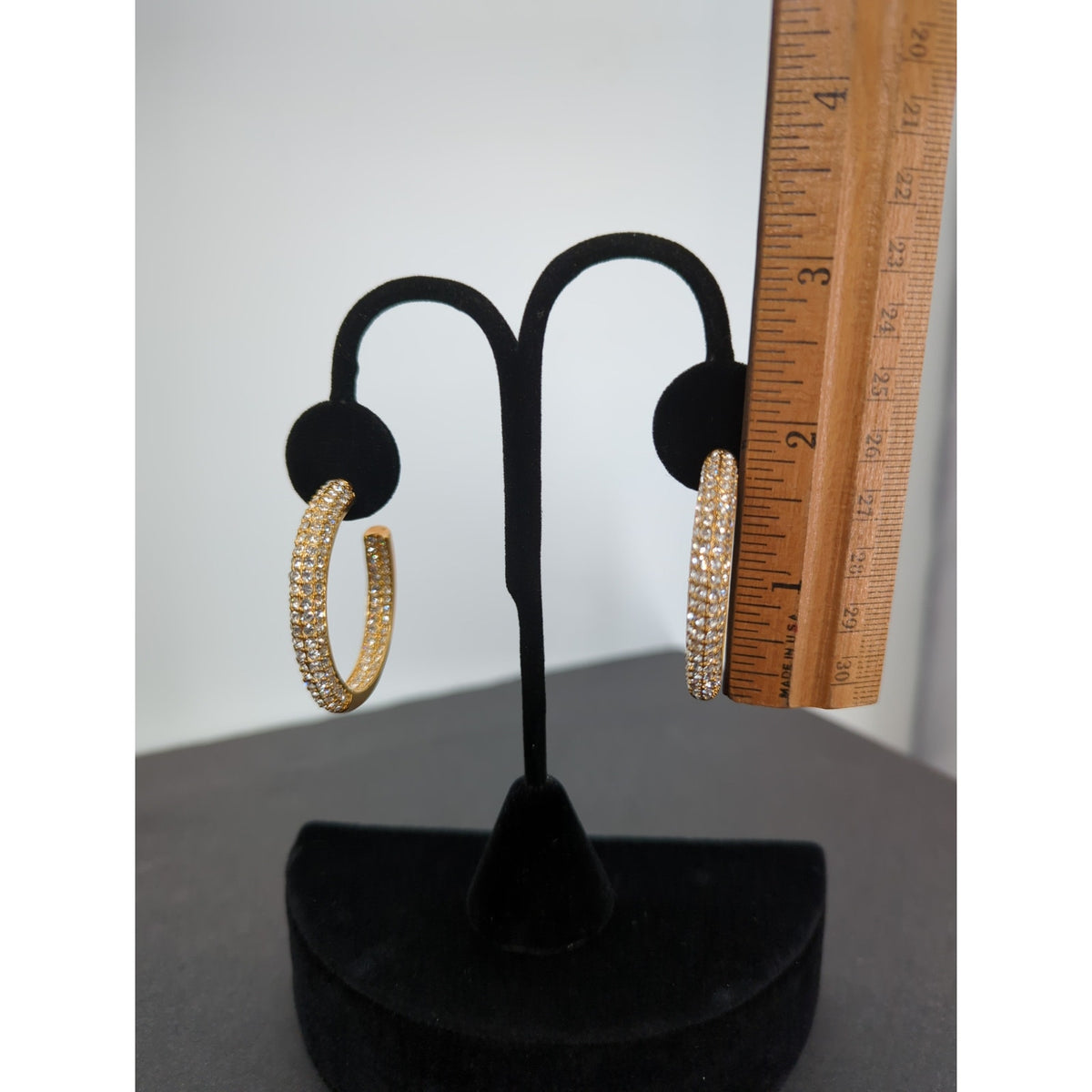Vintage Gold Tone Triple Row Rhinestone Hoop Earrings Pierced Hollywood Glam
