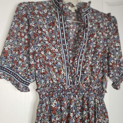 MAX STUDIO Floral Puff Sleeve Dress $148 MEDIUM Midi Flounce Bottom NEW PRAIRIE