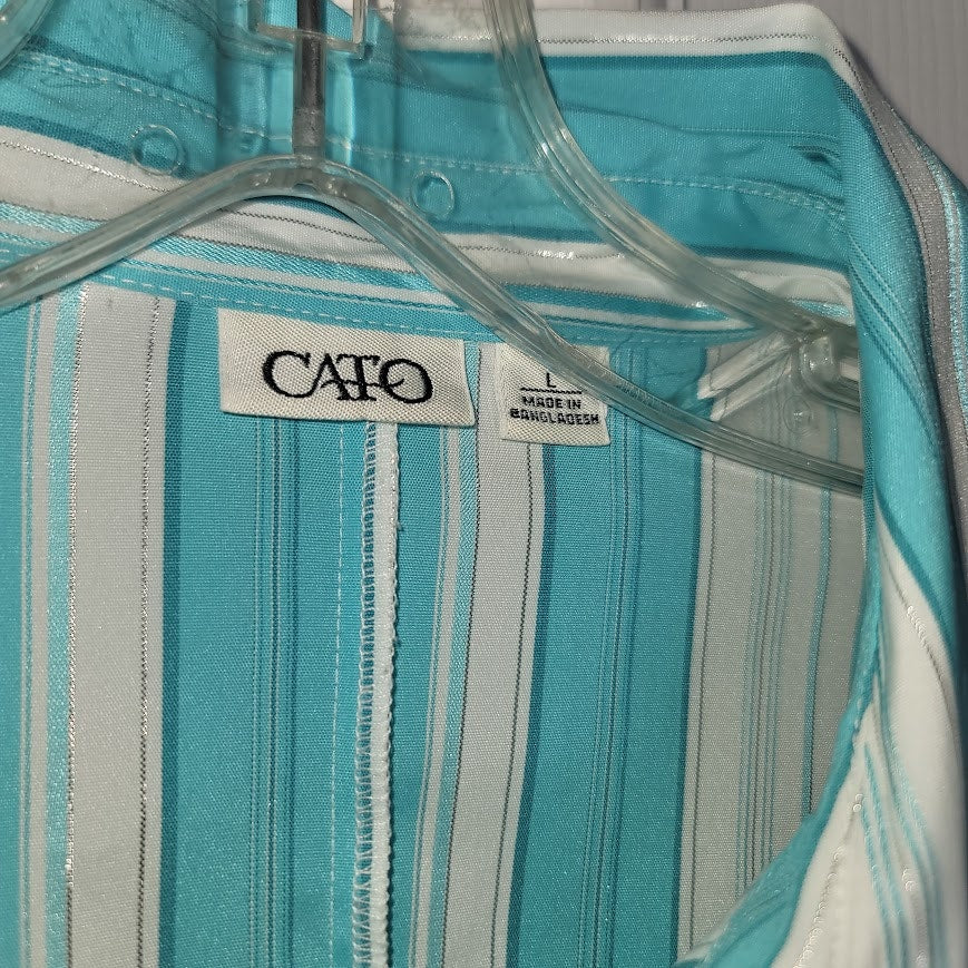 Cato Turquoise Teal & White Striped V-Neck Blouse Large Button Up Silver Thread
