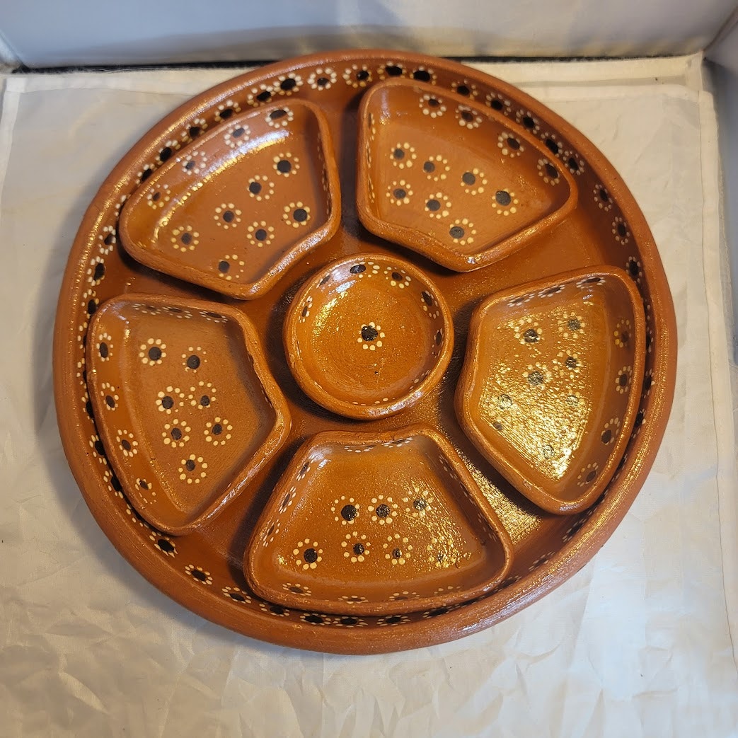 Handmade Hand painted Pottery Serving Platter brown floral divided Salsa 7 Pc.