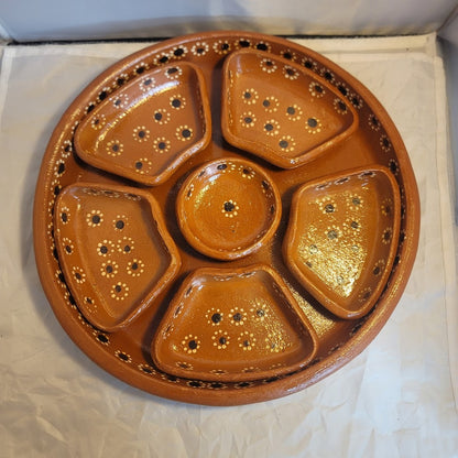 Handmade Hand painted Pottery Serving Platter brown floral divided Salsa 7 Pc.