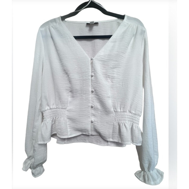 Topshop White blouse Peasant Crop Top Size 4 NWT Ruffle Neckline Puff Sleeve NEW