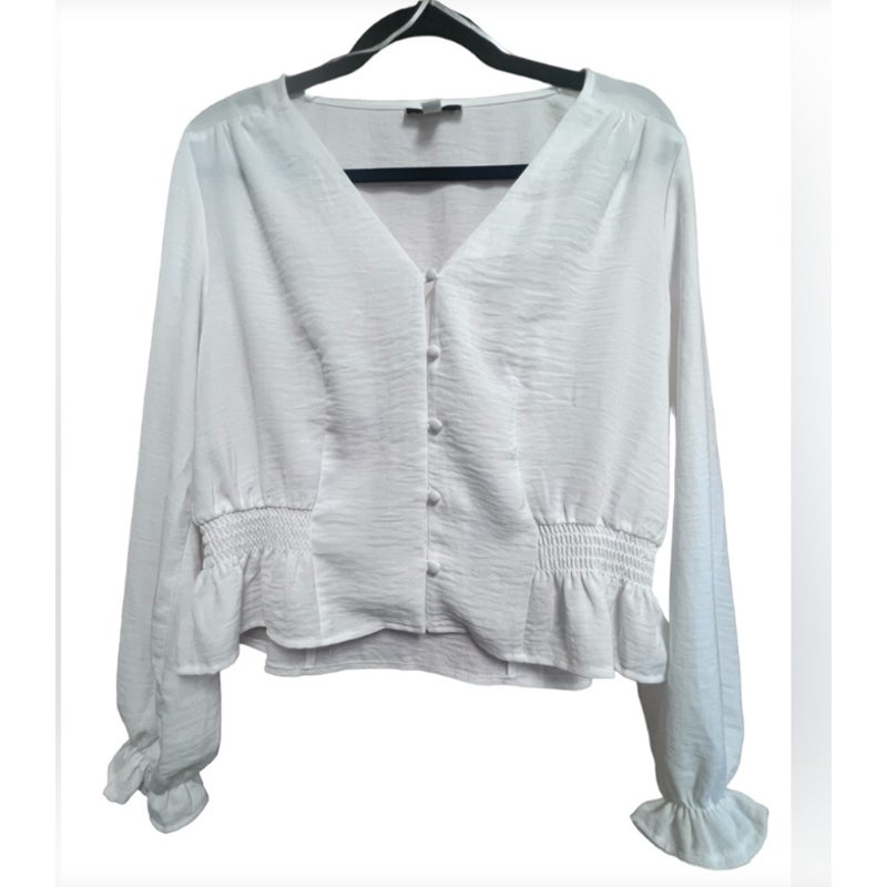 Topshop White blouse Peasant Crop Top Size 4 NWT Ruffle Neckline Puff Sleeve NEW