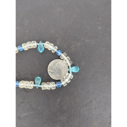 Vintage Blue & Clear Crystal Beaded Strand Necklace Drops Mid-Century Boho