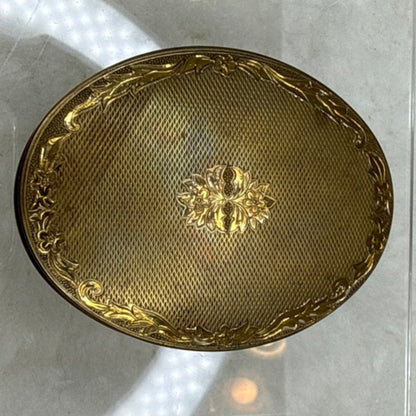 Vintage GoldTone Oval Powder Compact guilloche' Great Britain Floral Engine Turn