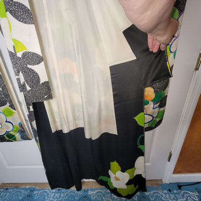 Vintage Silk Furisode (long sleeve) Kimono Robe Black Green White Orange Floral