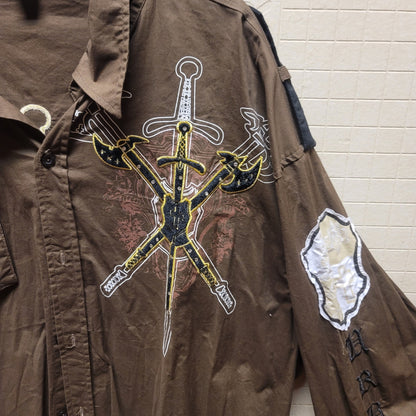 Victorious Brown shirt mens long sleeve Size 3X Button Down Collar Patches