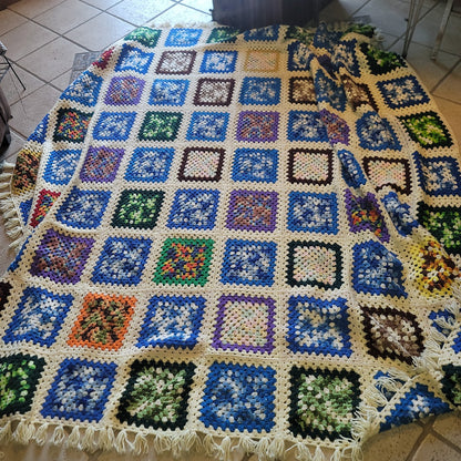 Colorblock Handmade AFGHAN fringe edge Blue Black Creram White Granny Square