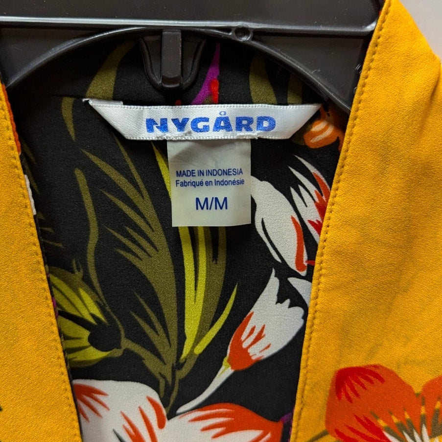 Nygard Mustard Yellow Floral Tropical Open Front Duster Kimono Cardigan