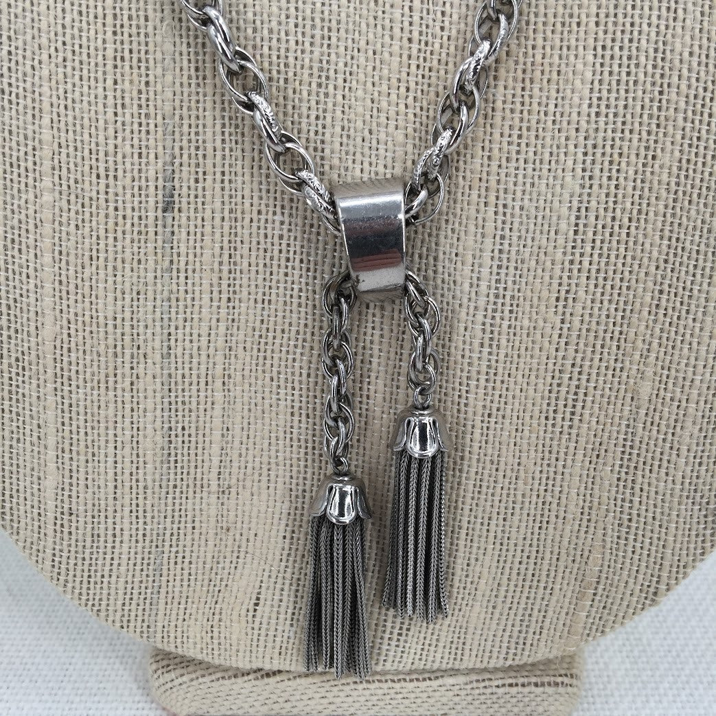 Vintage Sarah Coventry Fashion Necklace Braided Silvertone Double Tassel Pendant