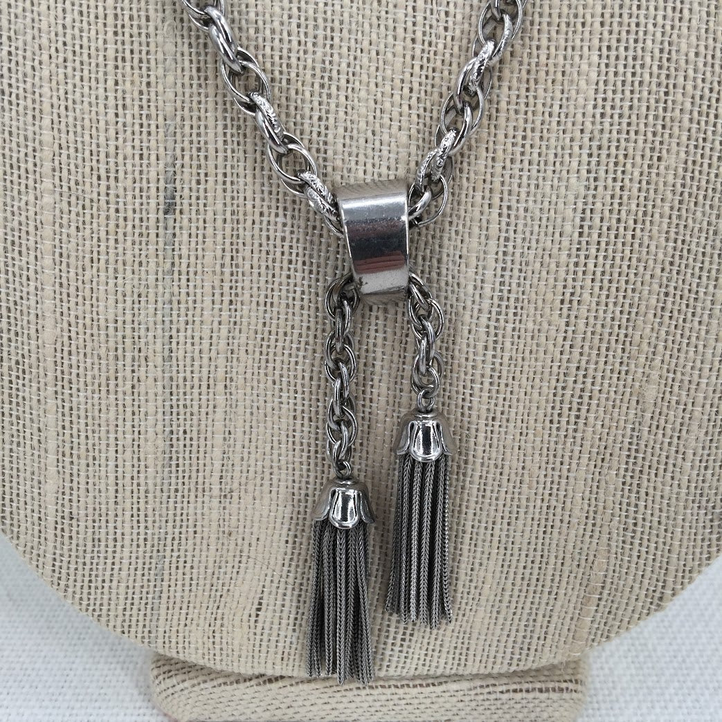 Vintage Sarah Coventry Fashion Necklace Braided Silvertone Double Tassel Pendant