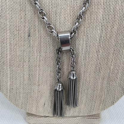 Vintage Sarah Coventry Fashion Necklace Braided Silvertone Double Tassel Pendant