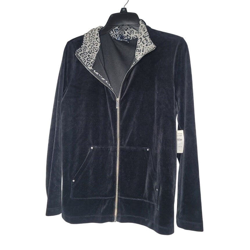 Jones New York Jacket Size Medium Black Animal Print Full Zip Crushed Velvet NEW