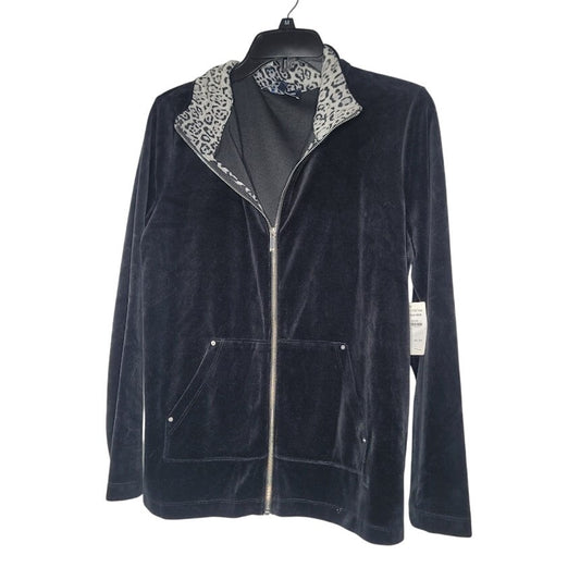 Jones New York Jacket Size Medium Black Animal Print Full Zip Crushed Velvet NEW
