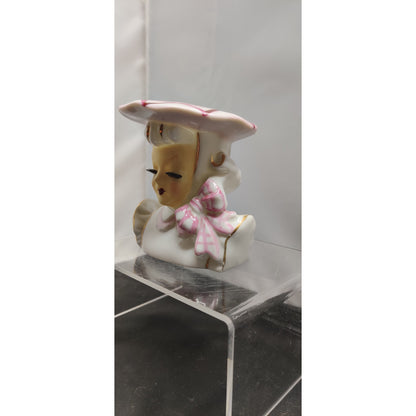 Vintage Ceramic Lady Head Vase Planter Pink Bow 3.6" tall 1950s Wide Brim Hat