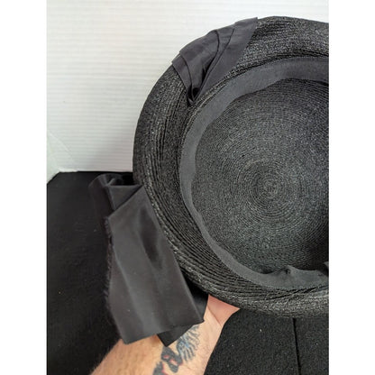 Vintage 50s Black Straw Breton Roller Hat Large Grosgrain Bow Rockabilly Church