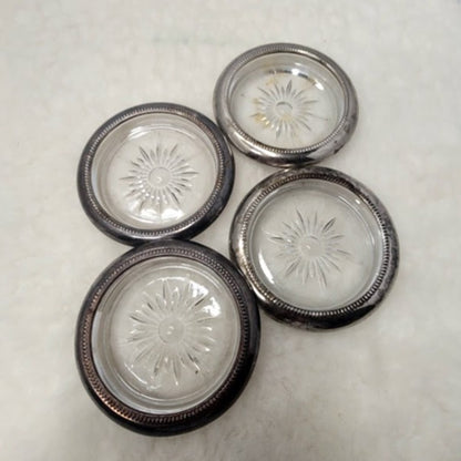 Set 4 Leonard Silverplate Glass Crystal Cut Coasters Barware MCM Starburst Drink