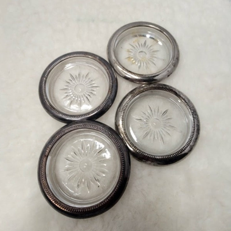 Set 4 Leonard Silverplate Glass Crystal Cut Coasters Barware MCM Starburst Drink