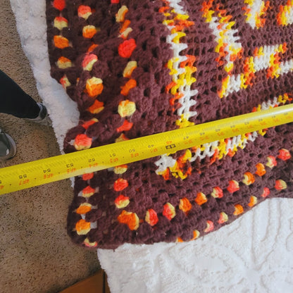 Handmade crocheted 70s coverlet yellow brown white orange Queen / Full blanket