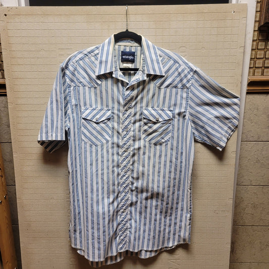 Wrangler pearl snap shirt blue white short sleeve Mens shirt Size 16 1/2 tall