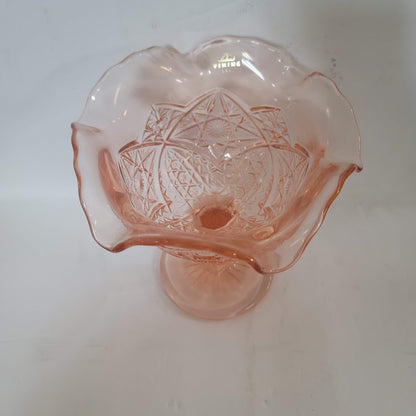 Viking Crystal Art Glass Pink Compote Candy Dish Footed ripple Edge Vintage