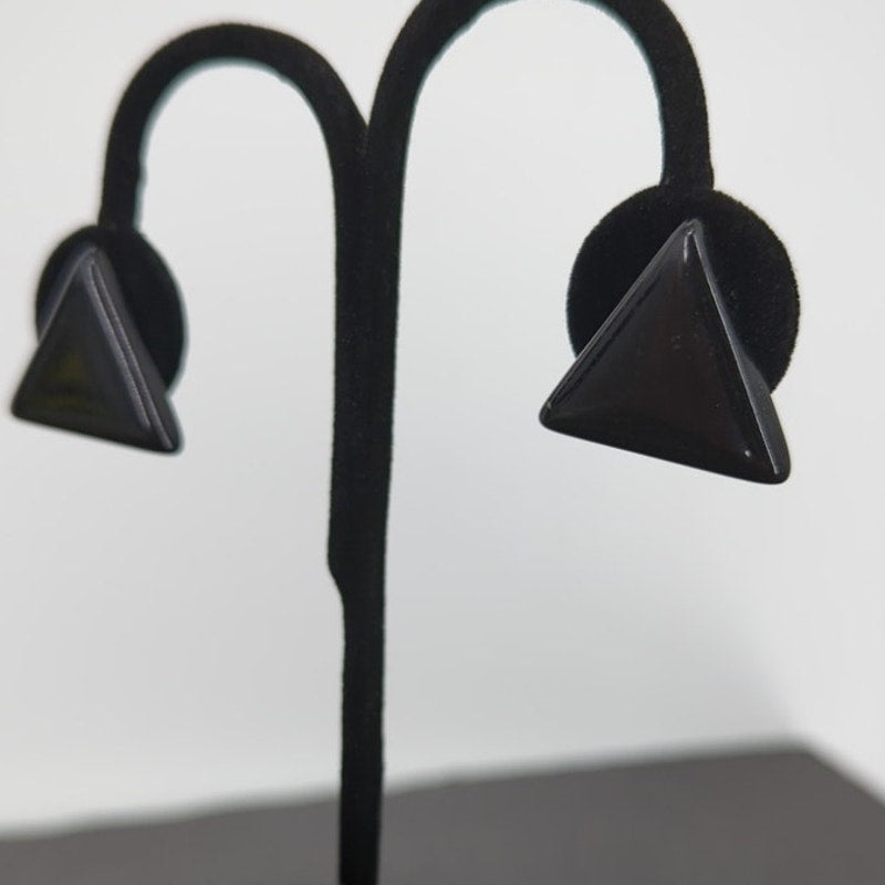 Vintage 1980s Black Geometric Triangle Stud Earrings Beveled Edge Avant-Garde