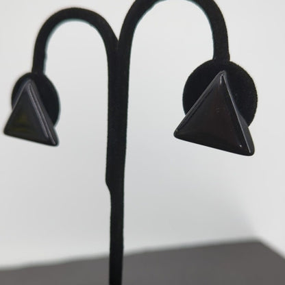 Vintage 1980s Black Geometric Triangle Stud Earrings Beveled Edge Avant-Garde