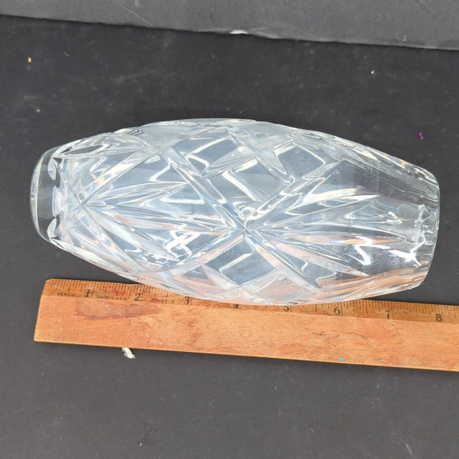 Vintage Crystal Cut Glass Flower Vase Oval Barrel Shape Diamond Pattern 8"