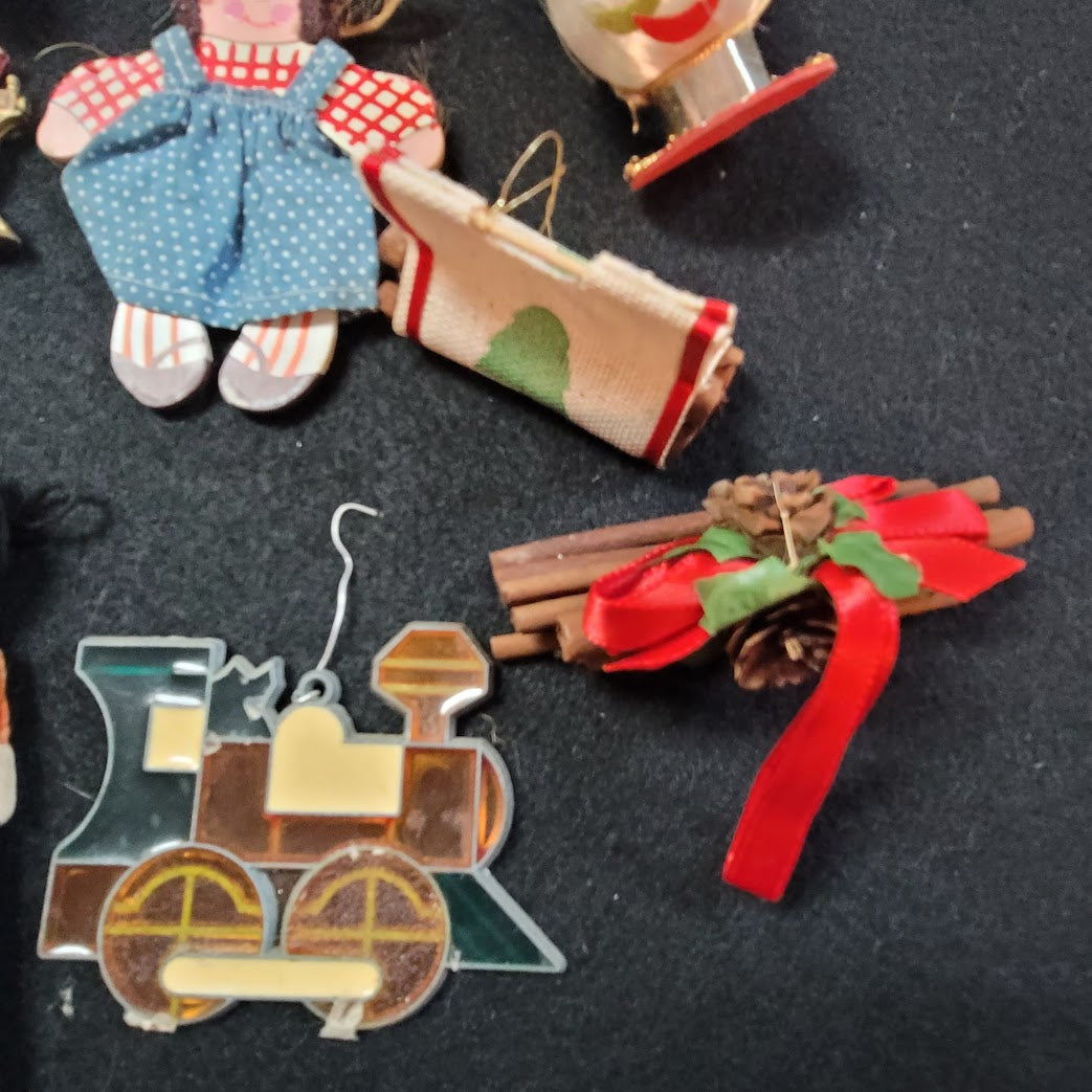 Vintage Lot of 11 Christmas Ornaments Soldiers, train, Flower, Wagon, Firewood