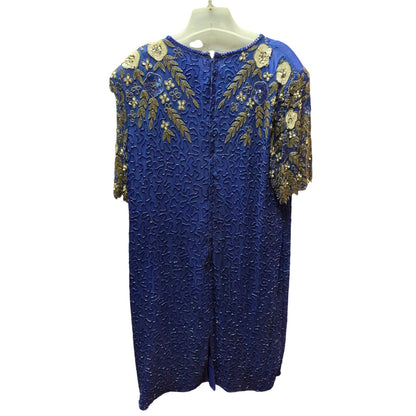 Vintage Laurence Kazar Silk Beaded Dress Royal Blue Sequin Flawed Repair 1X