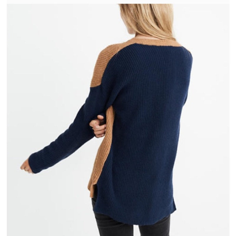 Madewell Thompson Pocket Pullover Sweater Colorblock Navy/Brown Long Sleeve XS