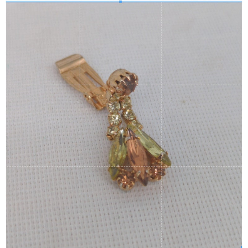 Vintage Amberina Pink Rhinestone Goldtone Drop Clip Earrings Retro Glamour