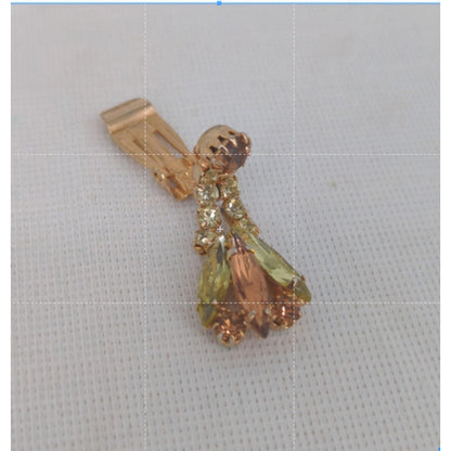 Vintage Amberina Pink Rhinestone Goldtone Drop Clip Earrings Retro Glamour