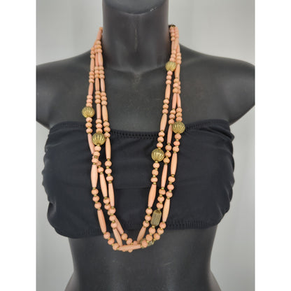 Vintage Multi Strand Peach & Gold Bead Necklace Mid-Century Boho Chic