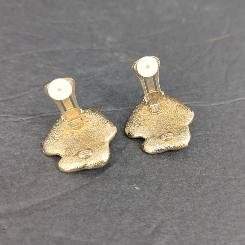 Vintage Black Enamel Gold Tone Rose Clip On Earrings 1980s Glam Flower