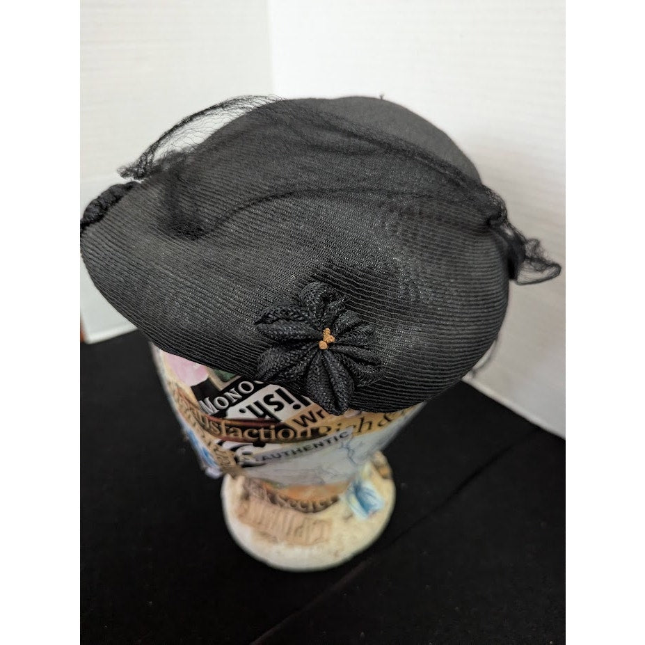 Vintage Black Pillbox Hat Veil 1940s 50s Noir Goth Mourning Pinup Rockabilly