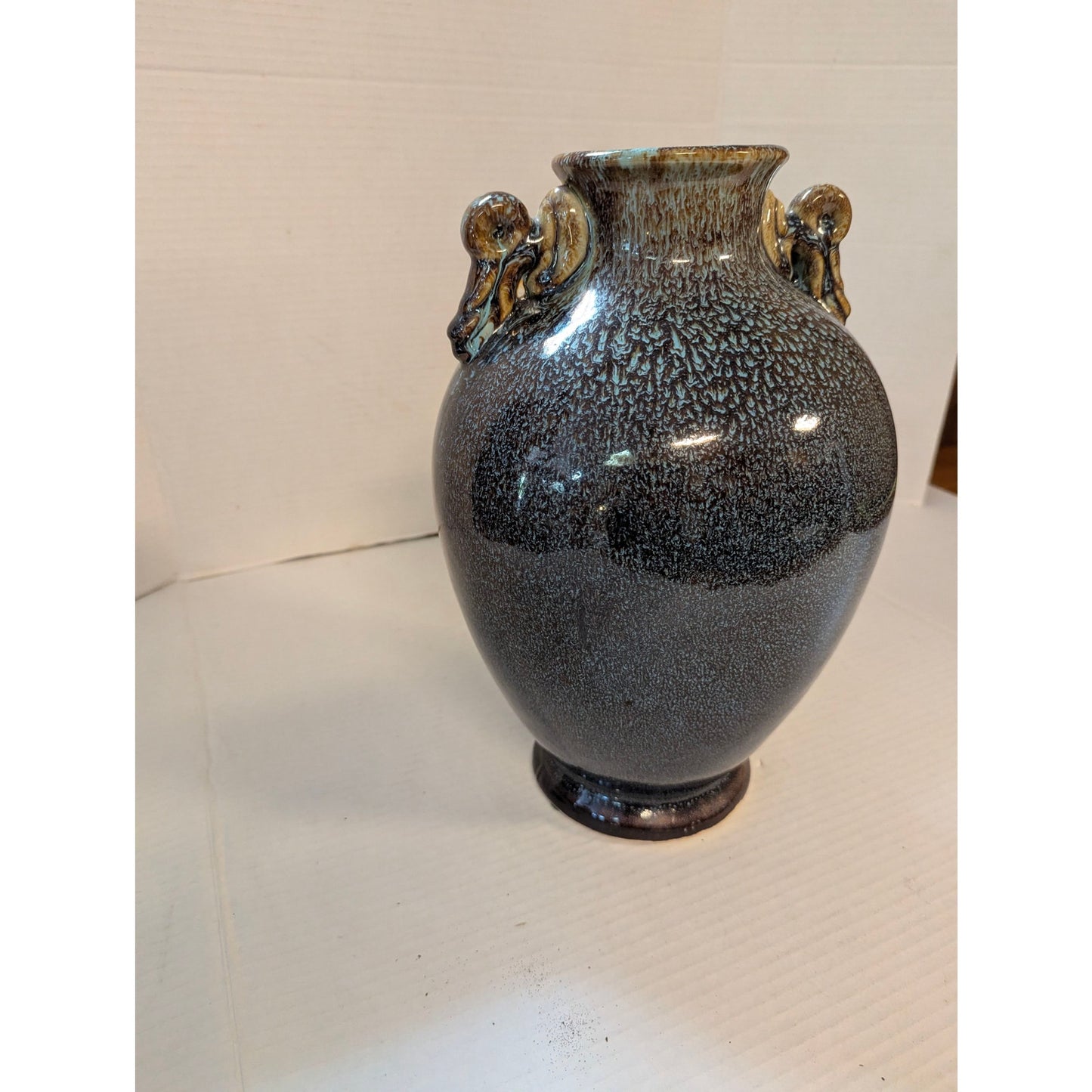 Vintage Studio Pottery Drip Glaze Urn Vase Double Handle Metallic Textured 12"