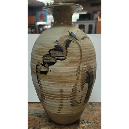 Art Pottery 16.5" Earthtones Vase Signed Steve Burrow 1990 Tan Cream Black