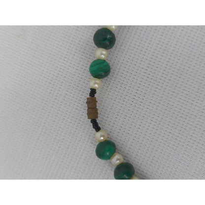 Vintage Green Jadeite Glass Beaded Necklace Heart Pendant Mid-Century Boho Chic