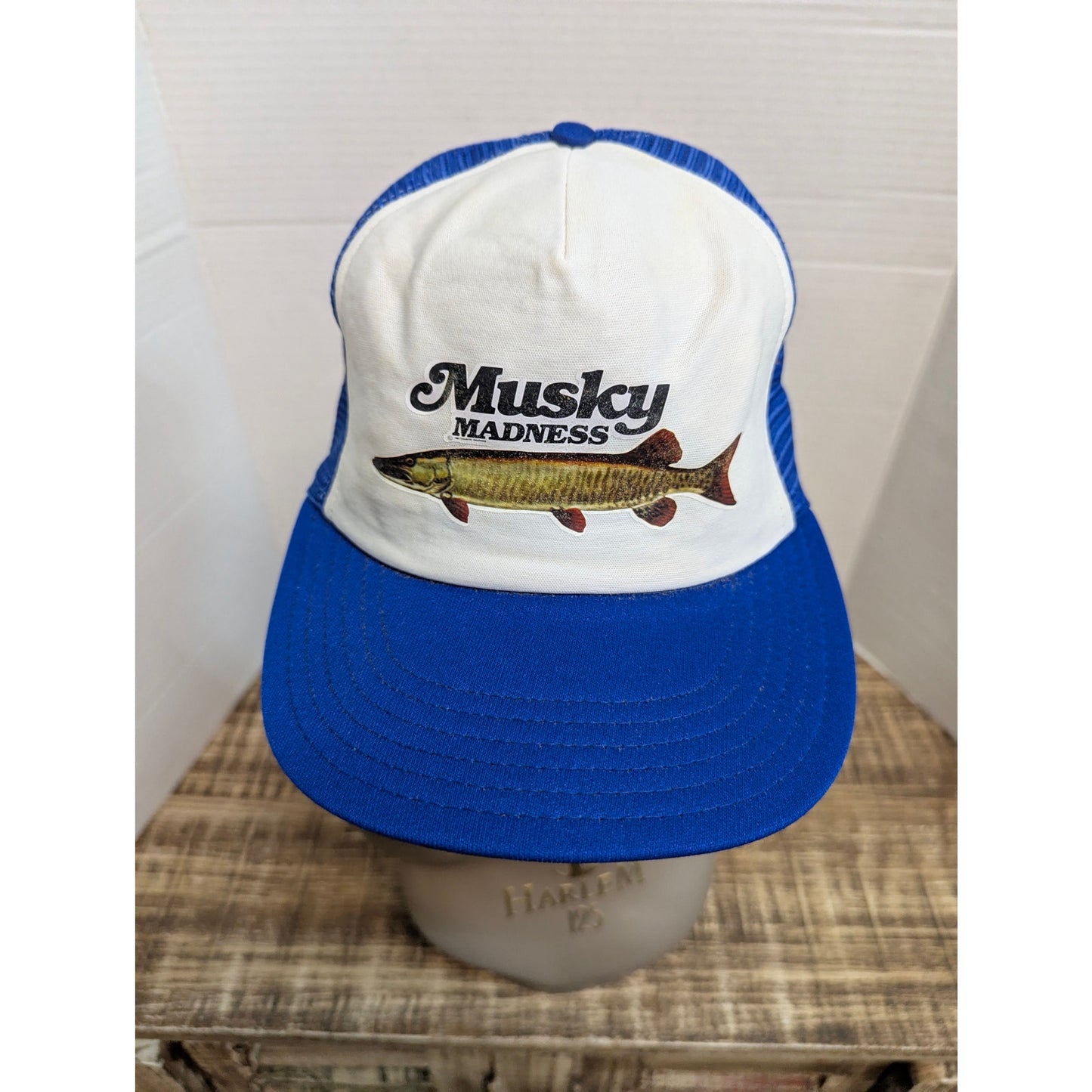 Vintage Musky Madness Blue White Trucker Snapback Baseball Cap Hat Y2K